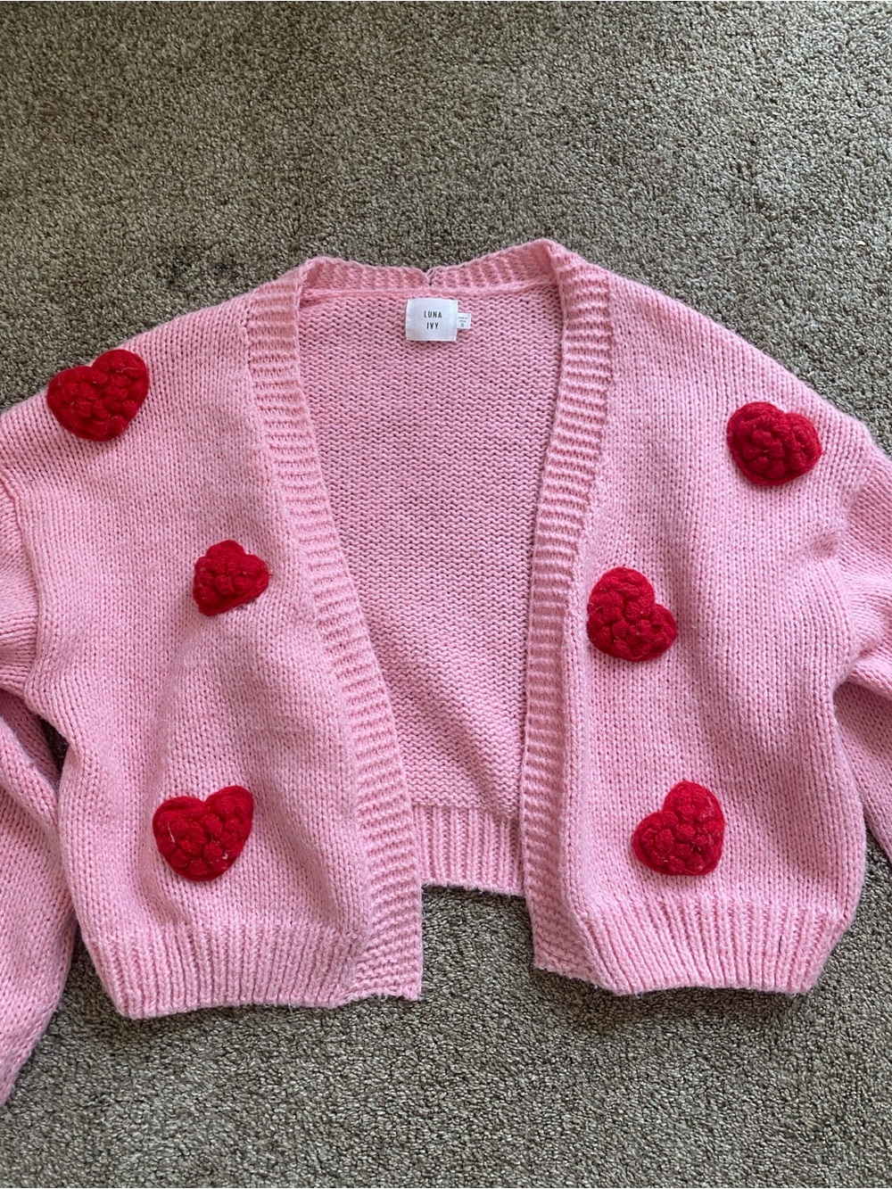 Luna Ivy Pink Cropped Cardigan with Red Heart Appliqués